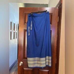 Vintage Ying Thai Silk Wrap Skirt Blue Gold Pha Sin Maxi Made in Thailand